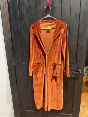 Long Velvet Open-Front Coatigan in Rust Orange